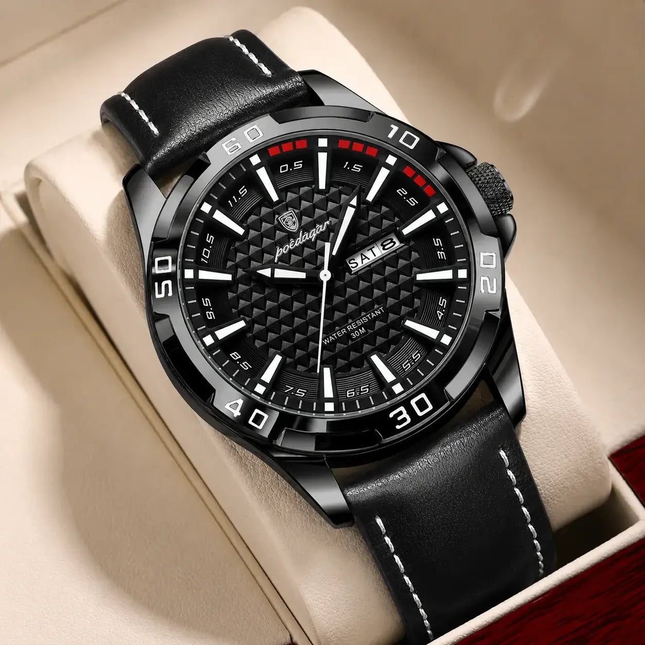 Black Veyron men’s watch with black leather strap and luminous display
