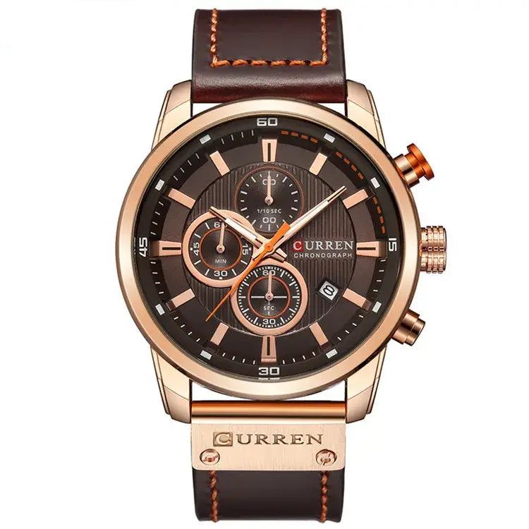 Valen men’s rose gold watch with dark brown leather strap