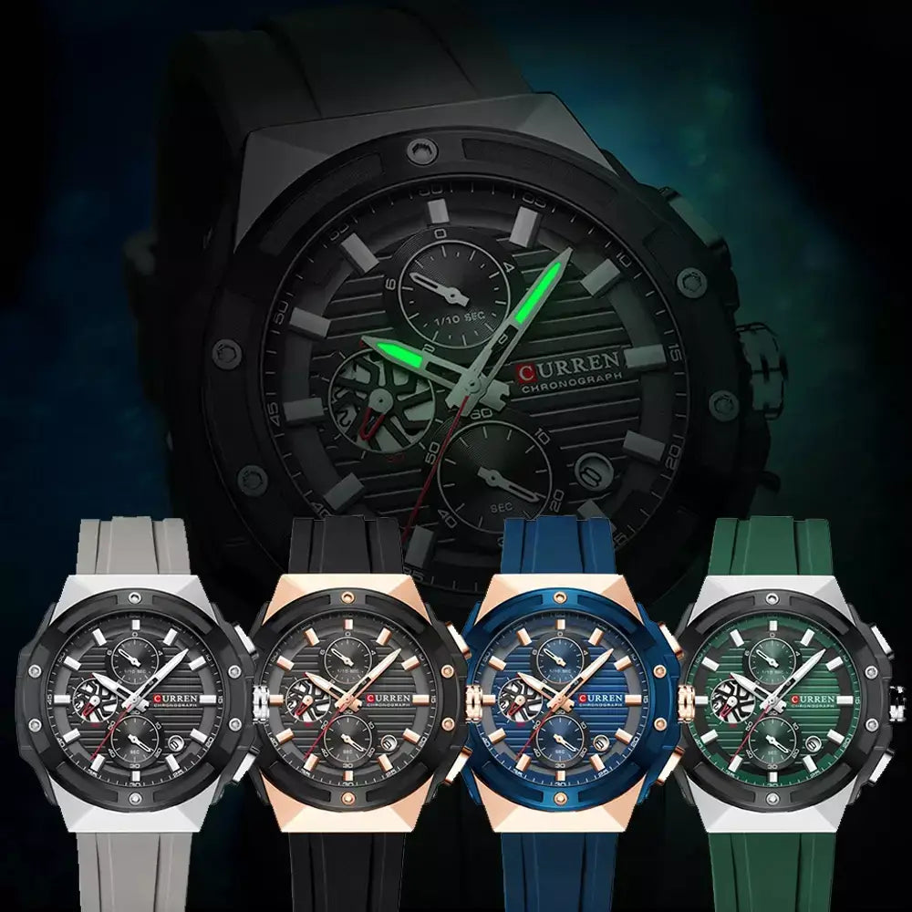 Vortex Men’s Watches with luminous chronograph dials in multiple colours