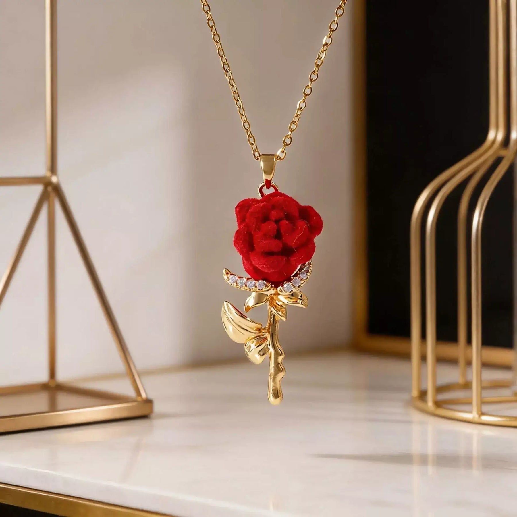 Rose Necklace of Love with red rose pendant and gold-tone chain