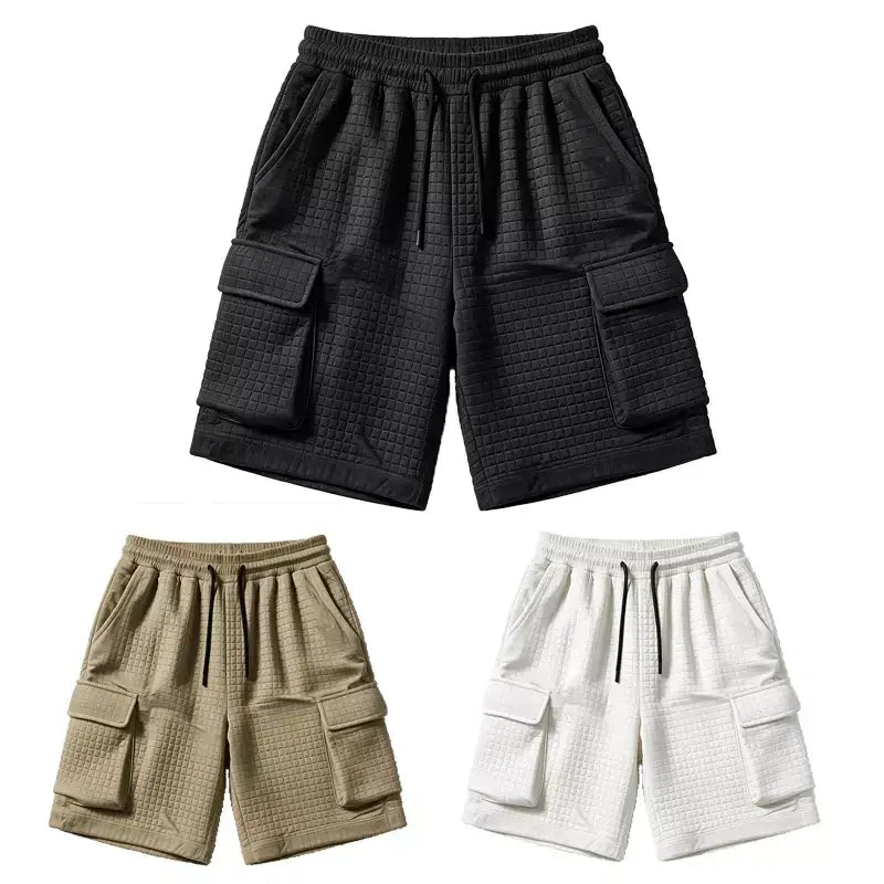 Koven men's waffle cargo shorts in black, khaki and white