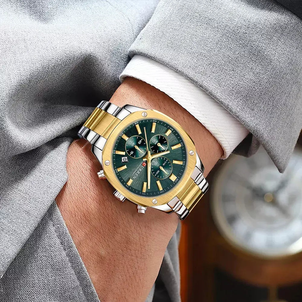 Veltrix Men’s Chronograph Watch in gold and silver with green dial worn on wrist
