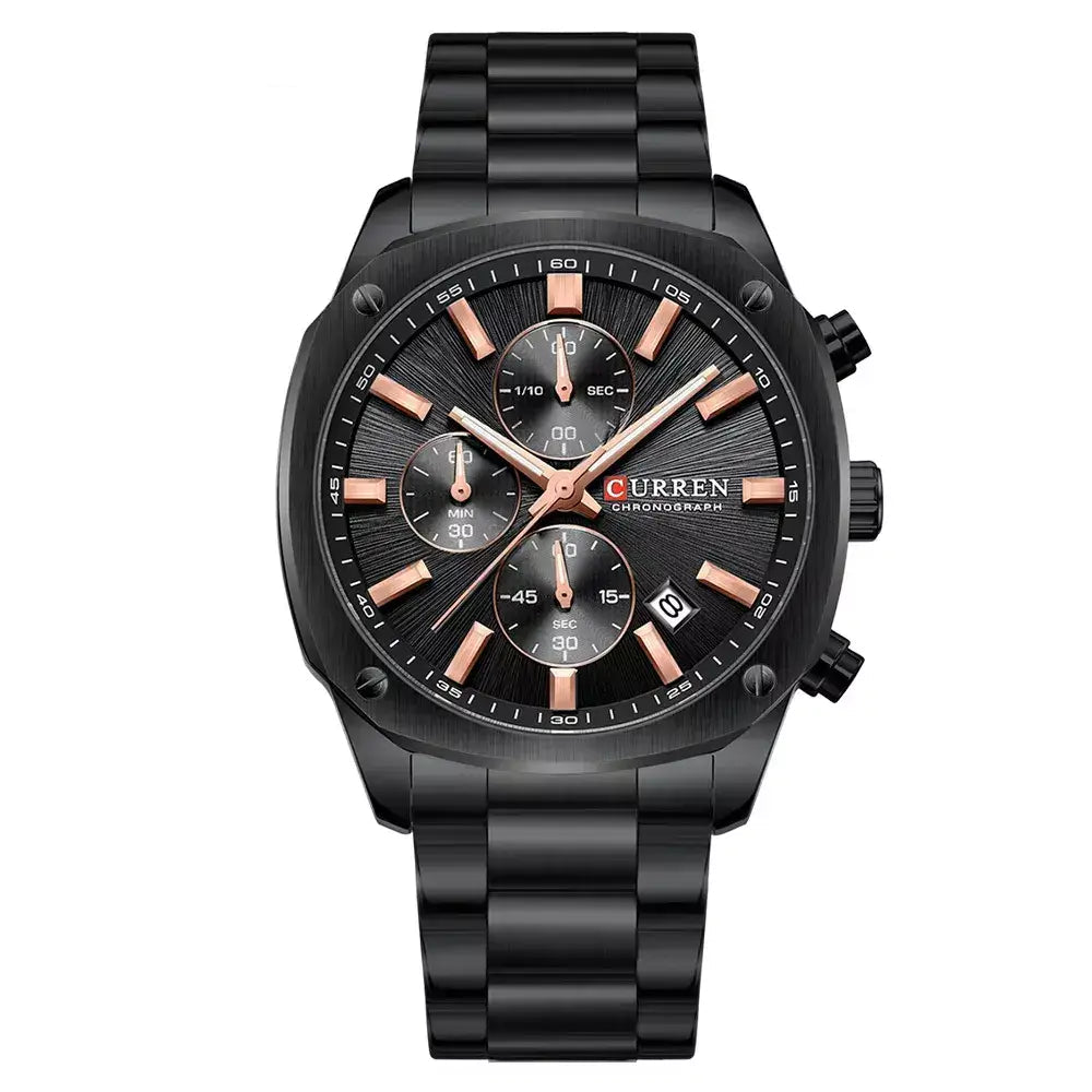 Veltrix Men’s Chronograph Watch in black with black dial and rose gold details