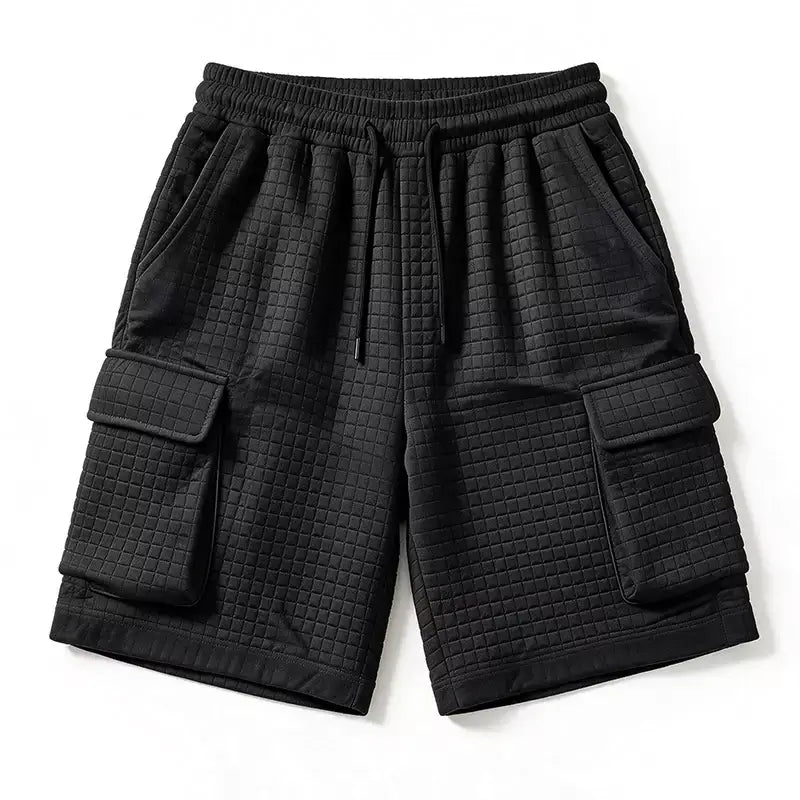 Black men's waffle cargo shorts with drawstring elasticated waist