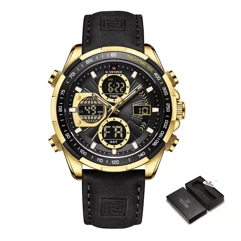Raventon™ Men’s Military Watch with black and gold dial and black leather strap