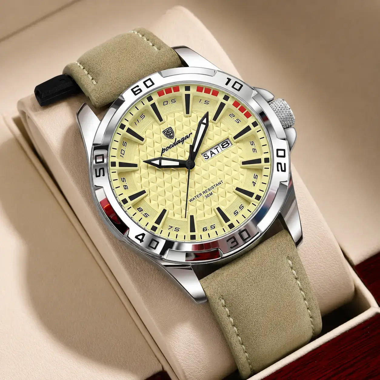 Silver Veyron™ men’s watch with beige leather strap and light dial