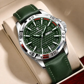 Silver Veyron men’s watch with green leather strap and green dial
