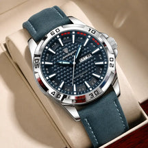 Silver Veyron men’s watch with blue leather strap and blue textured dial