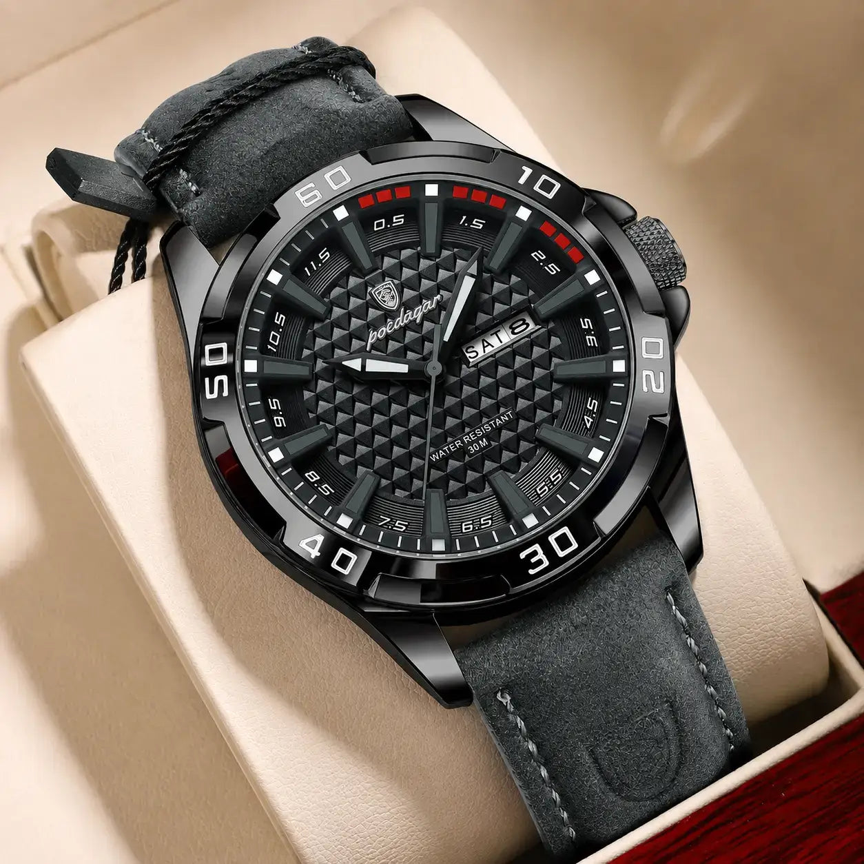 Black Veyron men’s watch with grey leather strap and textured black dial