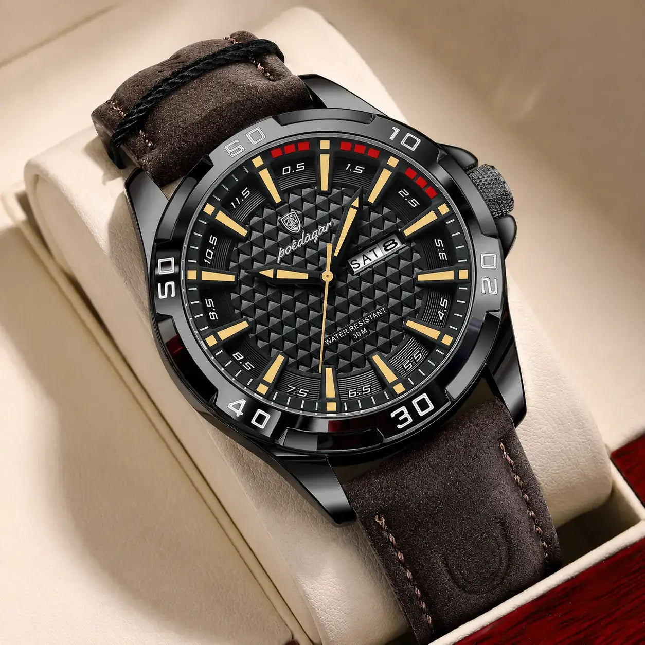 Black Veyron™ men’s watch with brown leather strap and luminous dial