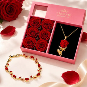Rose Necklace of Love with red rose gift box and elegant bracelet