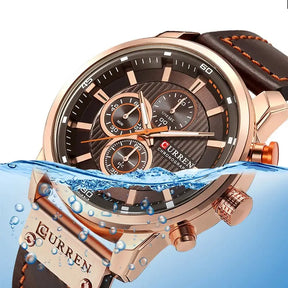 Valen men’s rose gold watch close-up showing dial and leather strap