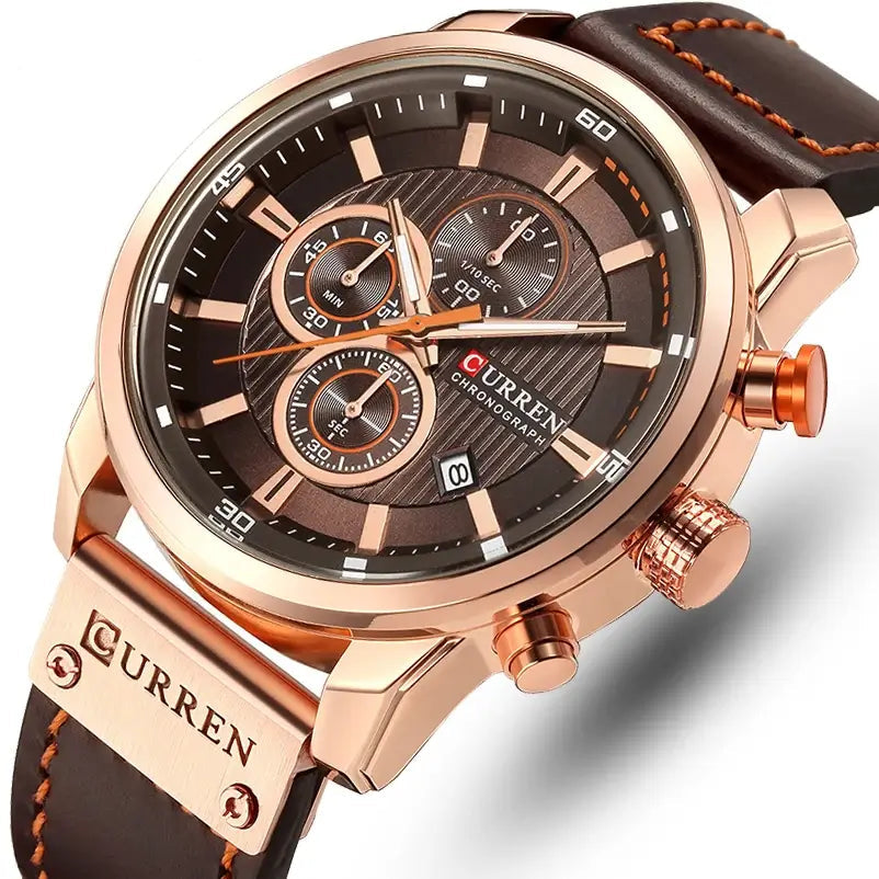 Valen™ men’s rose gold chronograph-style watch with brown leather strap