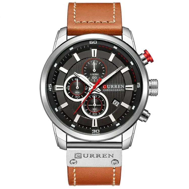 Valen men’s silver and black watch with brown leather strap