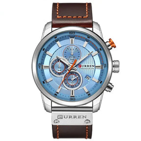 Valen men’s silver and blue watch with brown leather strap