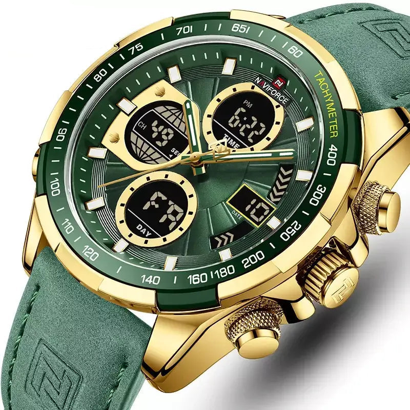 Raventon™ Men’s Military Chronograph Watch with green strap and gold case