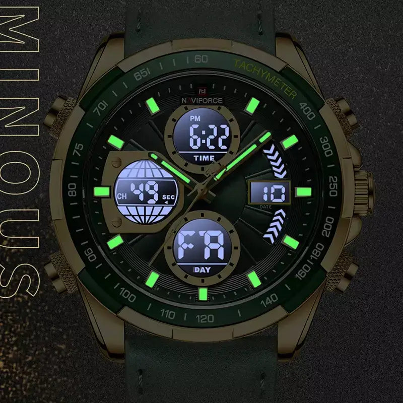 Raventon™ Men’s Watch with luminous chronograph display in low-light conditions