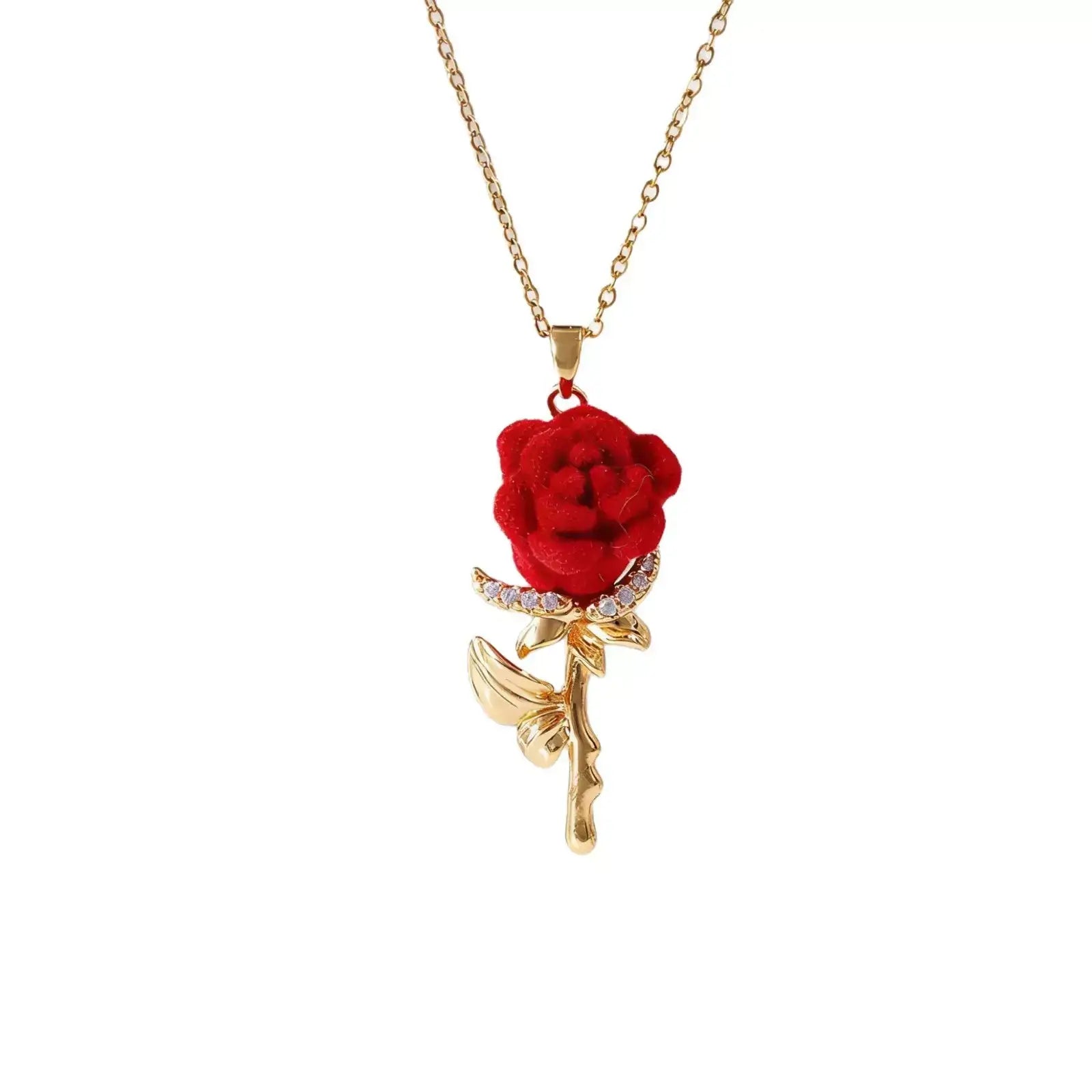 Rose Necklace of Love with red rose pendant and delicate gold-tone chain