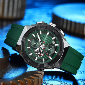 Green Vortex Men’s Watch with silver chronograph case and silicone strap