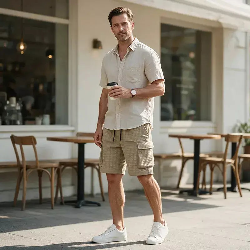 Man wearing white waffle cargo shorts with a casual summer outfit