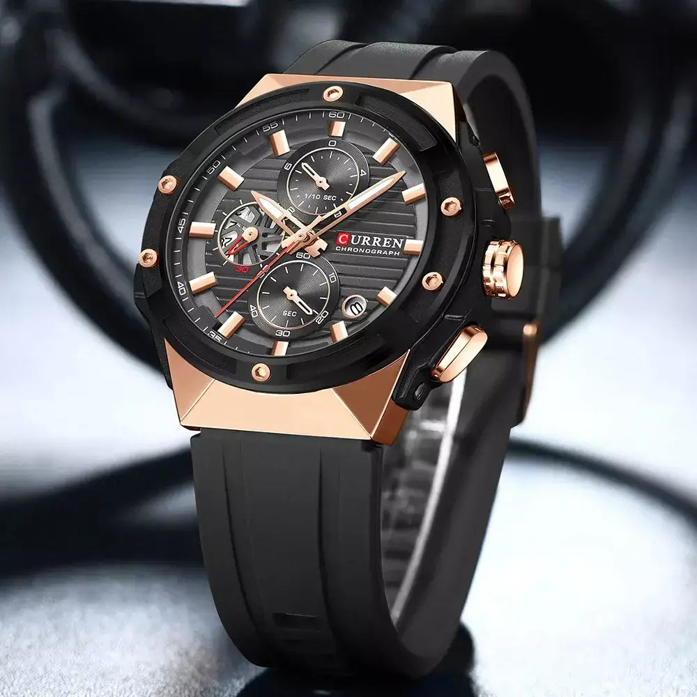 Black Vortex Men’s Watch with rose gold chronograph case and silicone strap