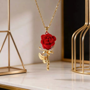 Rose Necklace of Love with red rose pendant and gold-tone chain