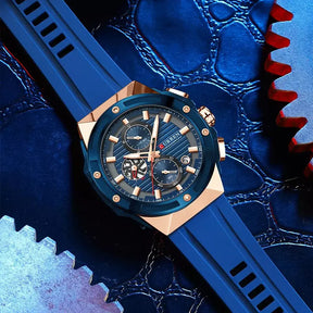 Blue Vortex Men’s Watch with silicone strap and rose gold case
