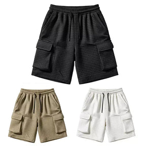 Koven men's waffle cargo shorts in black, khaki and white