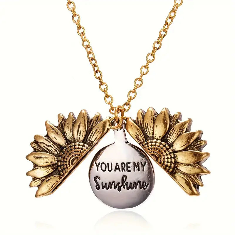 You Are My Sunshine – Sunflower Pendant Necklace,sunflower necklace, sunflower pendant, daisy chain necklace, floral pendant jewellery, friendship necklace, gift for best friend, meaningful necklace, engraved locket necklace, gift for her, sentimental gift for girlfriend, birthday gift for best friend, jewellery for loved ones, personalised necklace UK, heart necklace for her, boho necklace, bohemian jewellery, delicate pendant necklace, stainless steel necklace, everyday jewellery UK