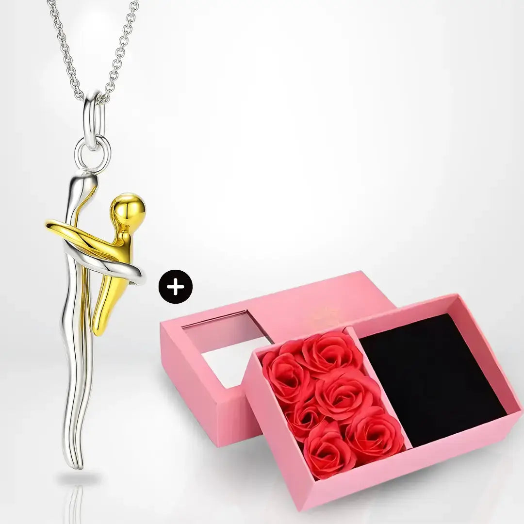 mother and child necklace, mother daughter necklace, hug necklace, titanium necklace gift, Christmas gift for mum, Christmas jewellery gift, luxury rose box gift, meaningful Christmas gift, mum necklace UK, sentimental jewellery gift, mother child pendant, gift for mother UK, Christmas necklace UK, preserved rose gift box, premium titanium jewellery, necklace gift for daughter, emotional gift for mum, Christmas sale jewellery
