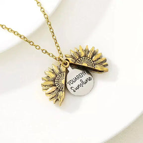 You Are My Sunshine – Sunflower Pendant Necklace,sunflower necklace, sunflower pendant, daisy chain necklace, floral pendant jewellery, friendship necklace, gift for best friend, meaningful necklace, engraved locket necklace, gift for her, sentimental gift for girlfriend, birthday gift for best friend, jewellery for loved ones, personalised necklace UK, heart necklace for her, boho necklace, bohemian jewellery, delicate pendant necklace, stainless steel necklace, everyday jewellery UK