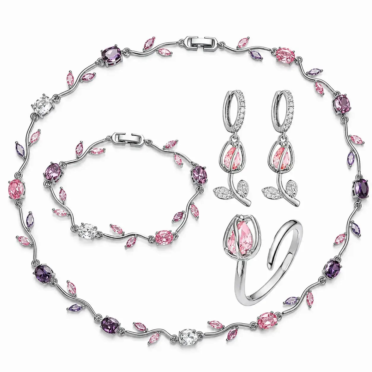 tulip jewellery set, jewellery gift for her, gift for women, luxury jewellery set, women's jewellery set, floral jewellery set, necklace bracelet earrings ring set, premium jewellery gift, elegant jewellery set, jewellery with gift box