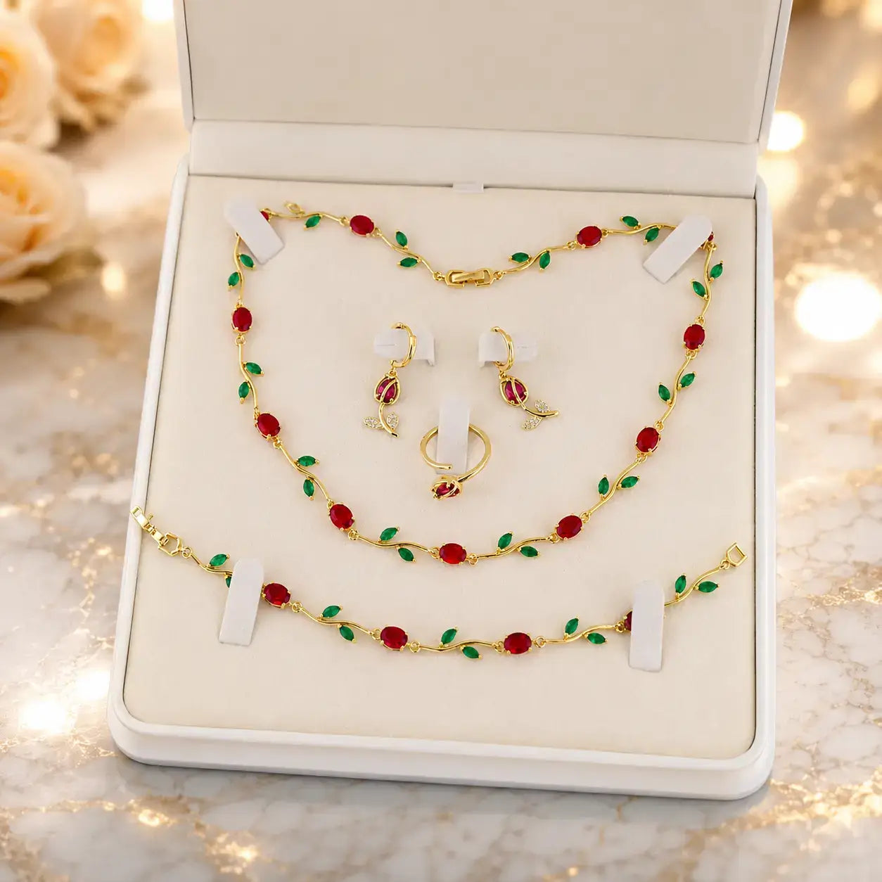 tulip jewellery set, jewellery gift for her, gift for women, luxury jewellery set, women's jewellery set, floral jewellery set, necklace bracelet earrings ring set, premium jewellery gift, elegant jewellery set, jewellery with gift box