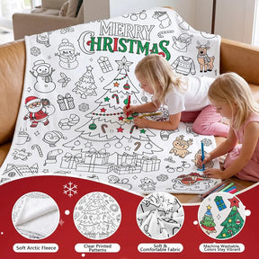 Children colouring the Christmas blanket together on the sofa, with soft fleece, clear printed design and machine washable colours