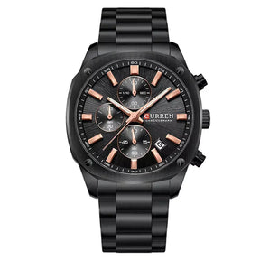 Veltrix Men’s Chronograph Watch in black with black dial and rose gold details