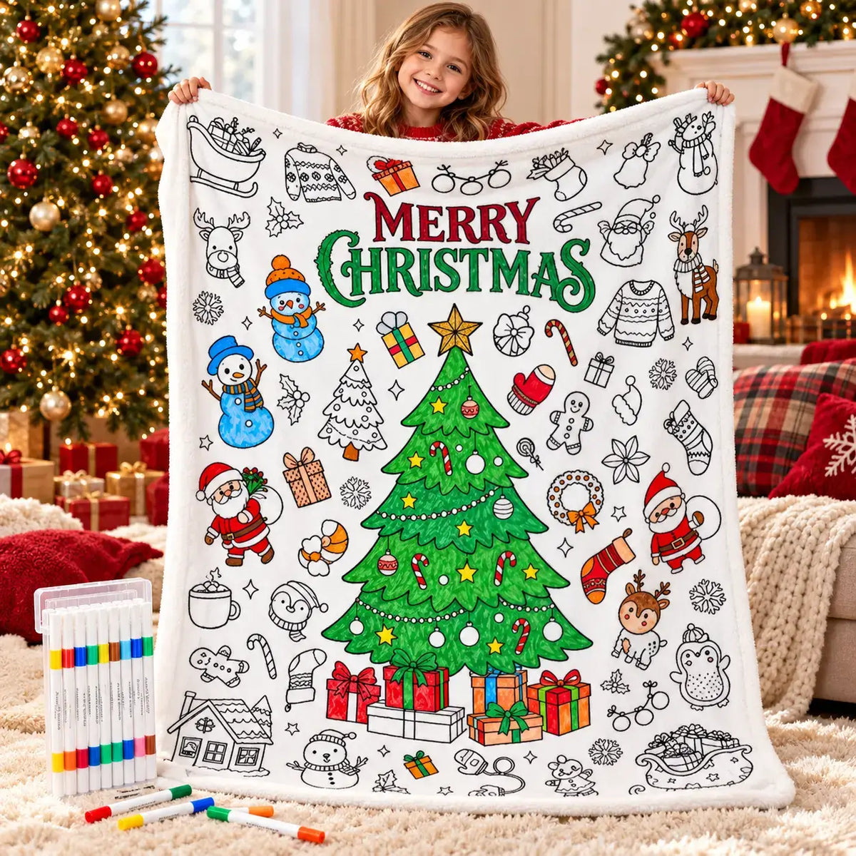 Girl holding up the part-coloured white Christmas colouring blanket, with the 24 fabric pens in their storage case beside her