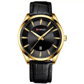 Montclair men’s gold watch with black leather strap and black dial