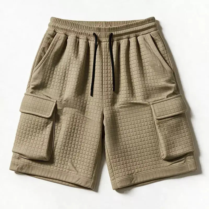 Khaki men's waffle cargo shorts with functional side pockets