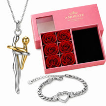 Two-tone mother and child embrace necklace with silver heart bracelet and pink Amorate rose gift box