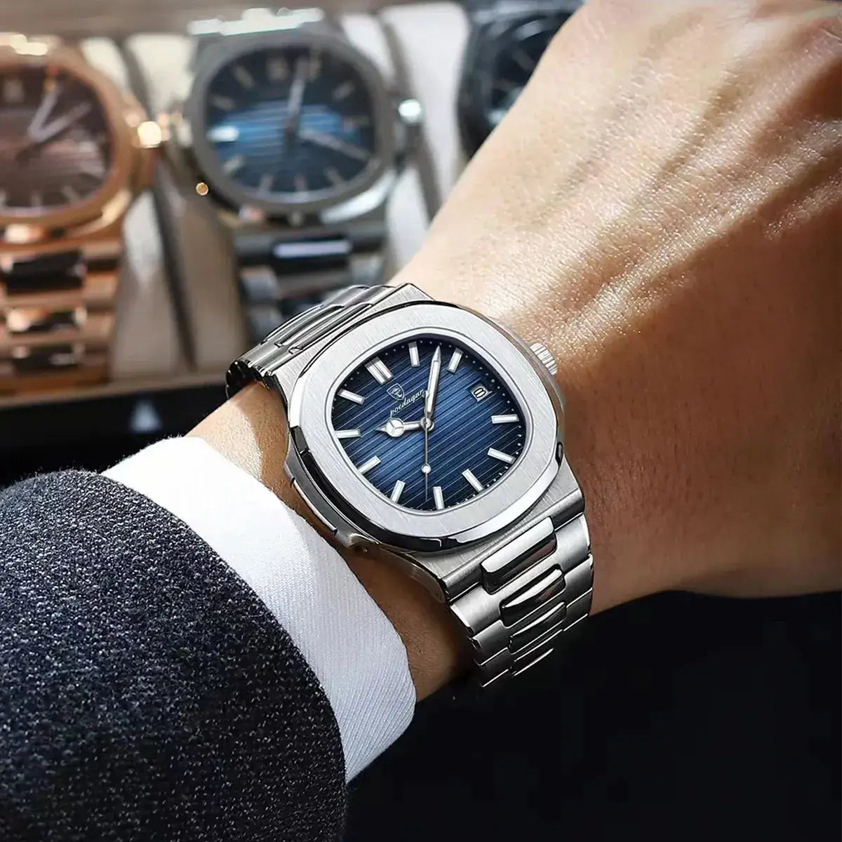 Regent™ men’s stainless steel watch with blue dial worn on the wrist