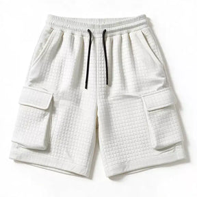 White men's waffle cargo shorts with cargo pockets and elasticated waist