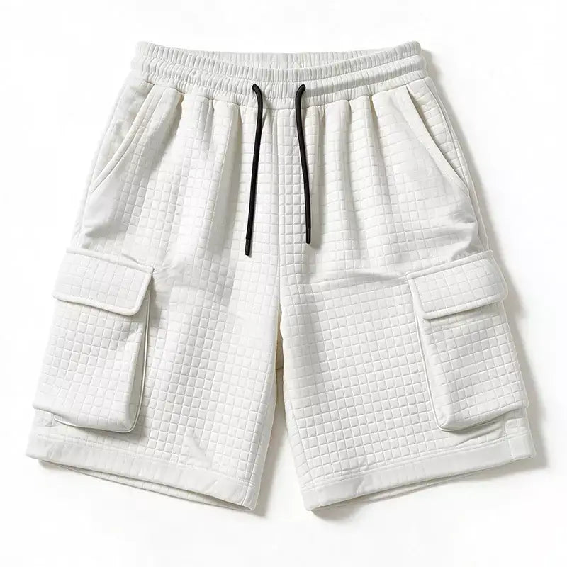 White men's waffle cargo shorts with cargo pockets and elasticated waist