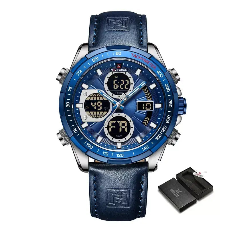 Raventon™ Men’s Chronograph Watch with blue dial and blue leather strap