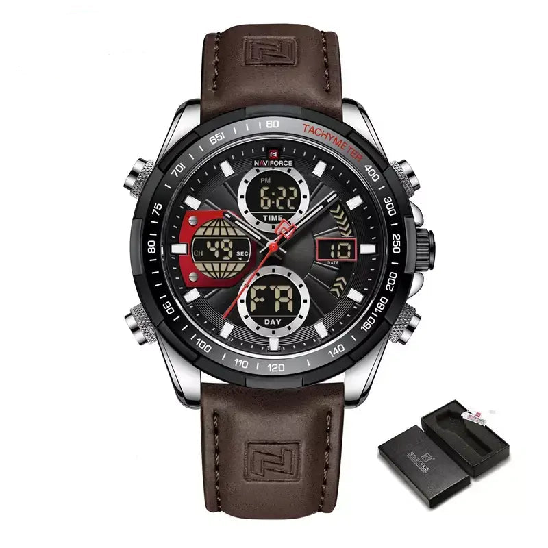 Raventon™ Men’s Military Chronograph Watch with black dial and dark brown strap