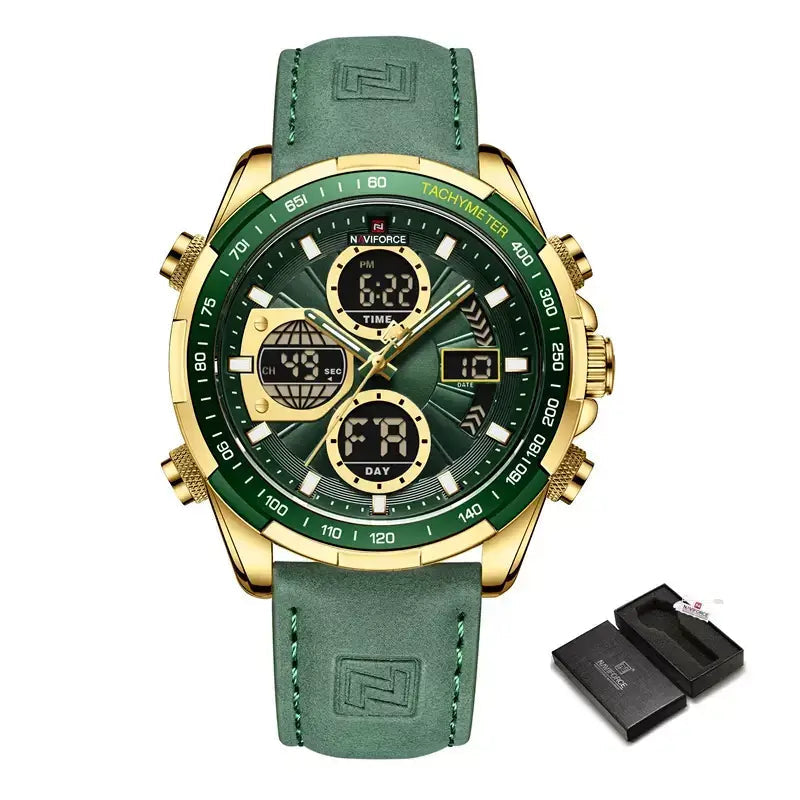 Raventon™ Men’s Chronograph Watch with green dial and green leather strap
