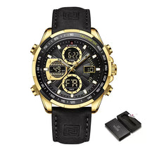 Raventon™ Men’s Military Watch with black and gold dial and black leather strap