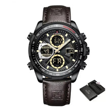 Raventon™ Men’s Military Watch with black and gold dial and brown leather strap