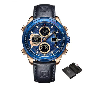 Raventon™ Men’s Chronograph Watch with blue dial and black leather strap