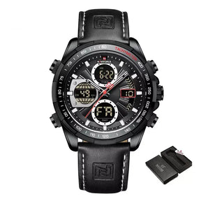 Raventon™ Men’s Military Watch with black dial and black leather strap